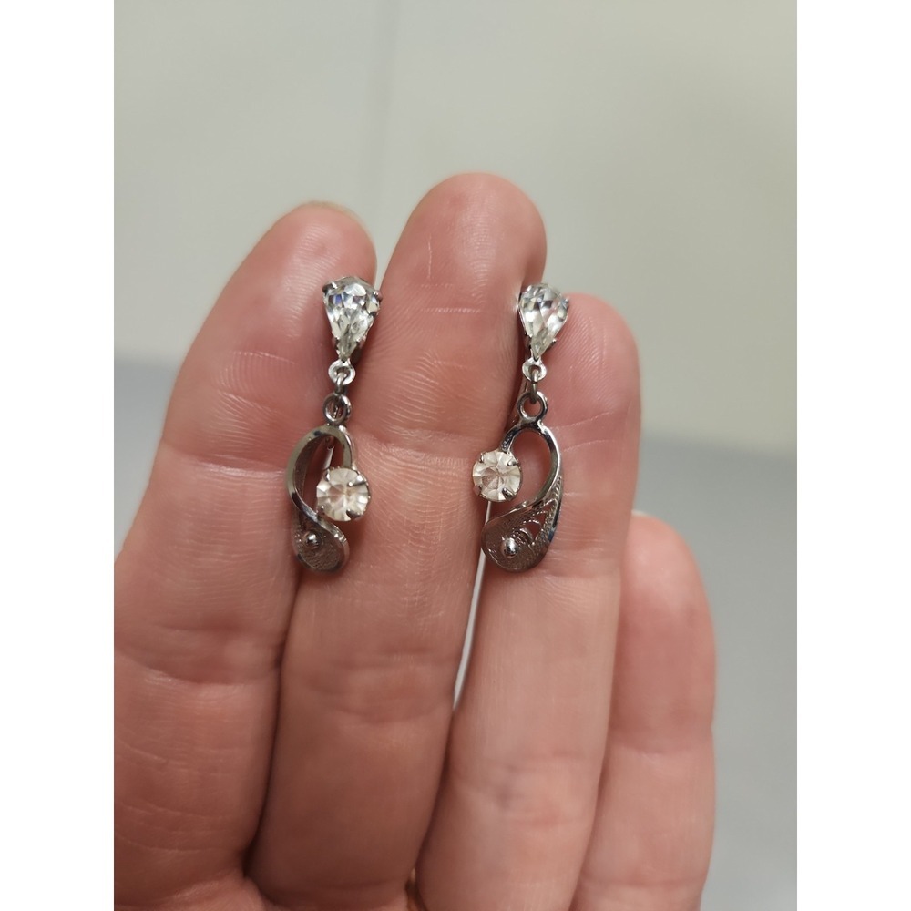 1940's AM LEE Signed Sterling Marked Silver Dangle Rhinestone Screw Bk Earring